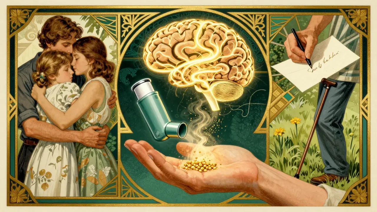 Inalatore di levodopa che libera particelle dorate verso un cervello illuminato, con scene di vita quotidiana.