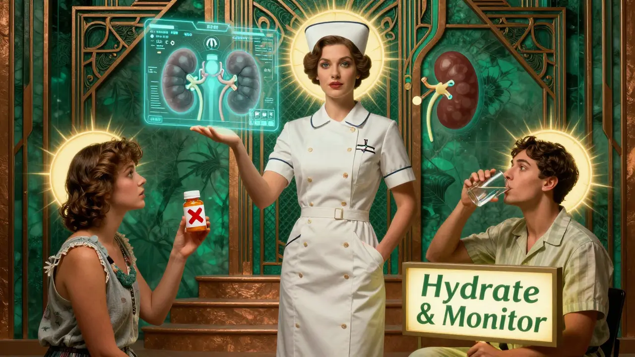 Infermiera che protegge pazienti tra farmaci pericolosi e idratazione, con interfaccia AI, stile Art Deco.