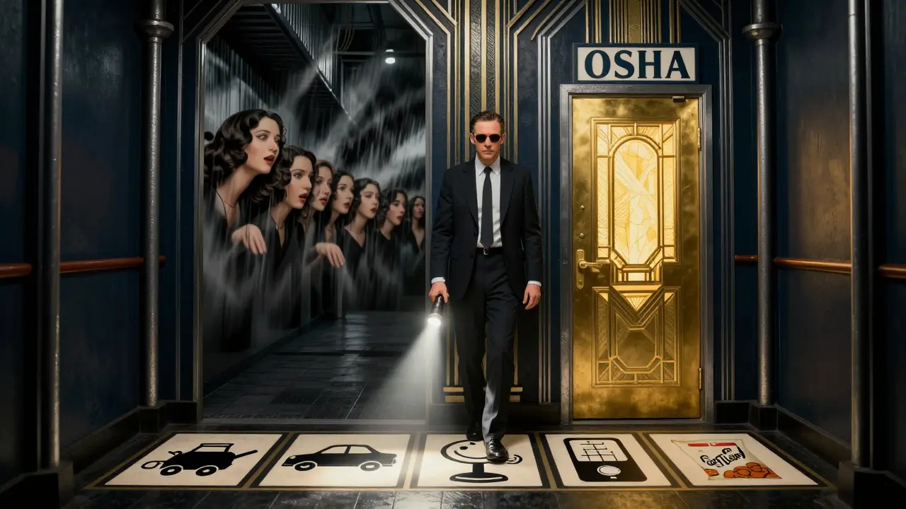 Lavoratore che avanza in un corridoio industriale verso una porta dorata con il logo OSHA, guidato da una luce.