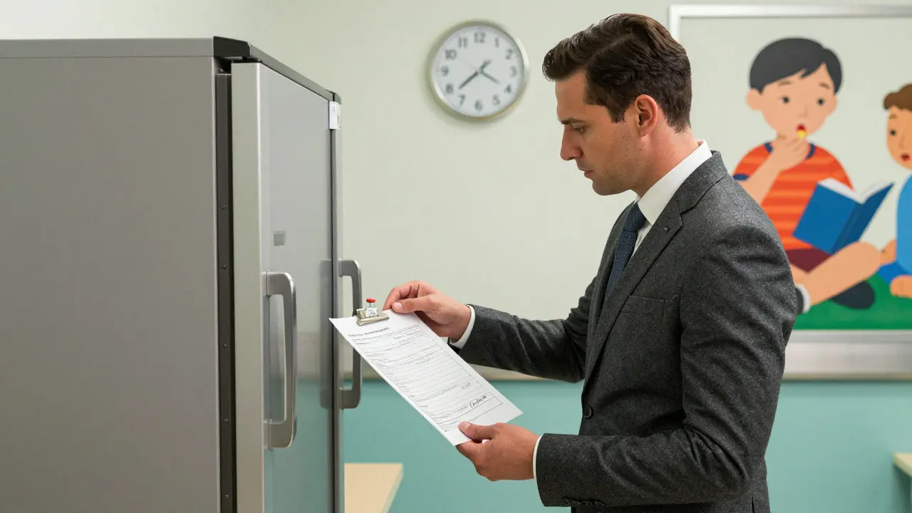 Padre ripone insulina in frigorifero sicuro nella infermeria scolastica.