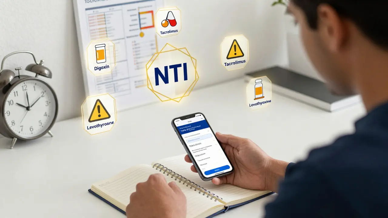 Paziente che tiene un diario con icone di farmaci NTI e un'app per il monitoraggio in stile Art Deco.