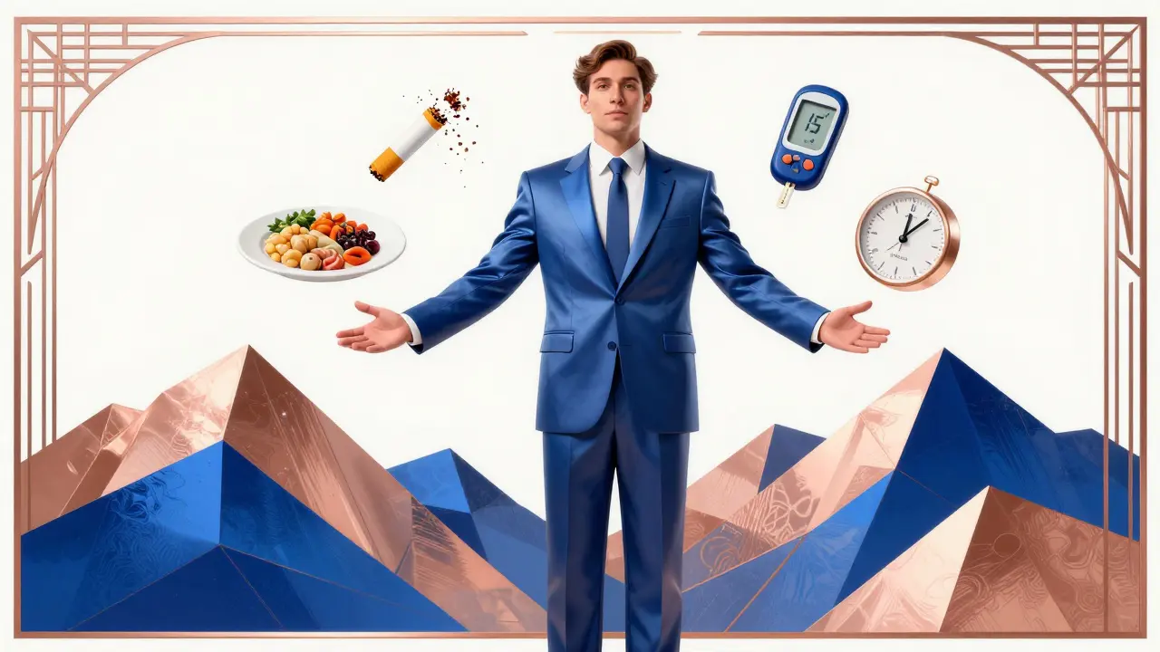 Paziente sano circondato da simboli di abitudini positive in stile pubblicitario anni '20.