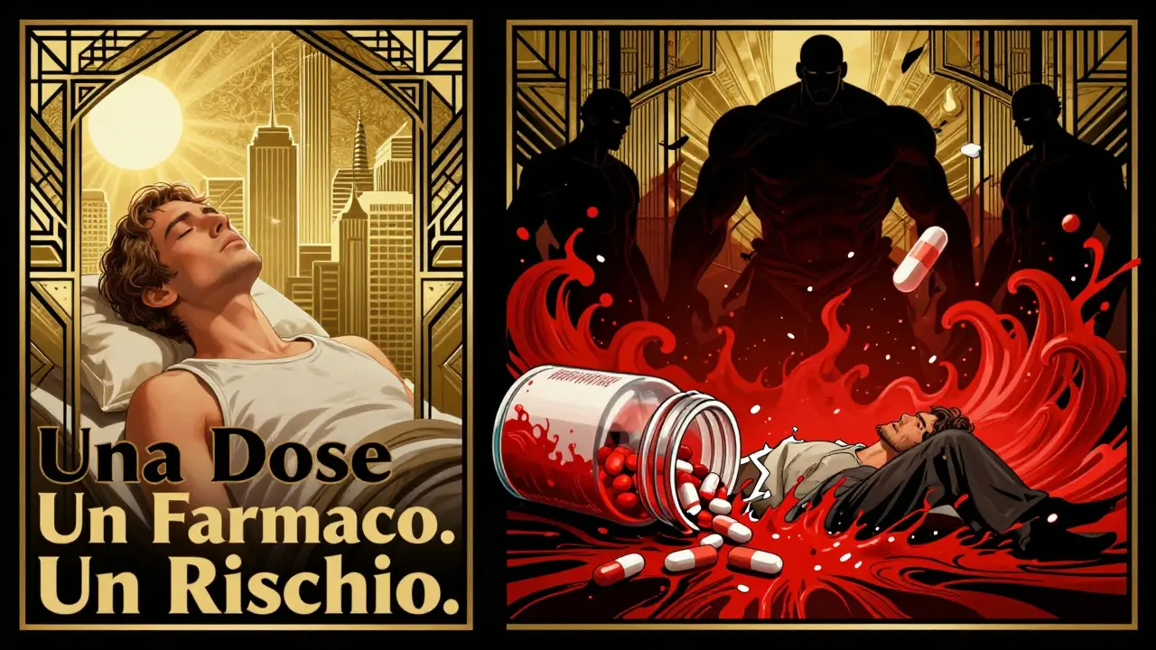 Rappresentazione Art Deco del rischio di tossicità da teofillina con confronto tra sicurezza e pericolo.