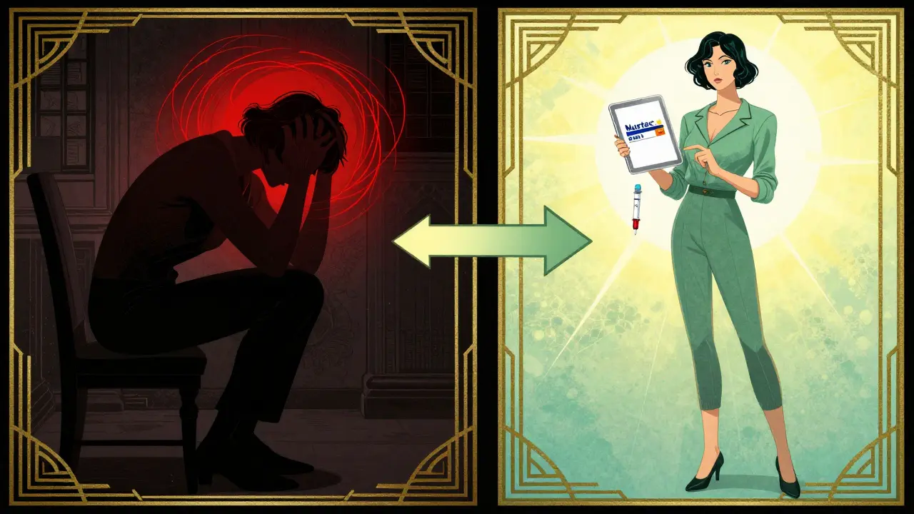 Rappresentazione contrastante in stile Art Deco: dolore da emicrania a sinistra, vita ripresa a destra con farmaci.