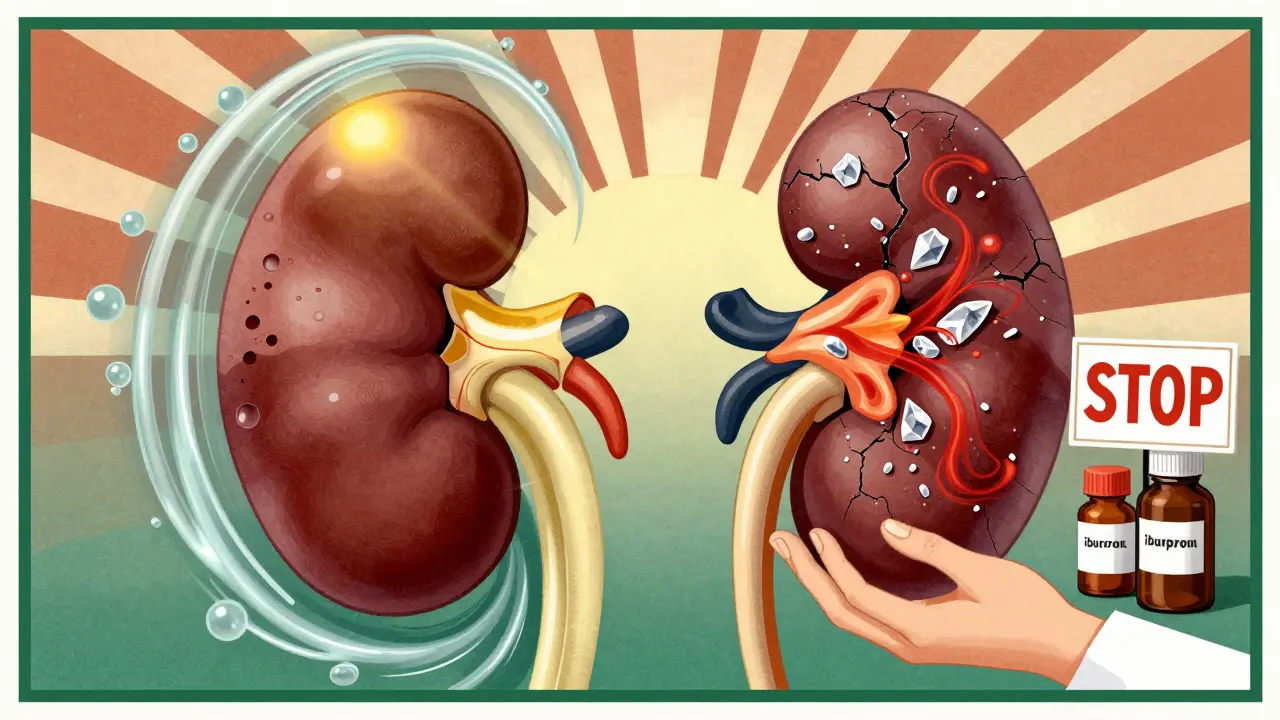 Rene sano a sinistra e danneggiato a destra, con cristalli di farmaci e simboli medici, stile Art Deco.