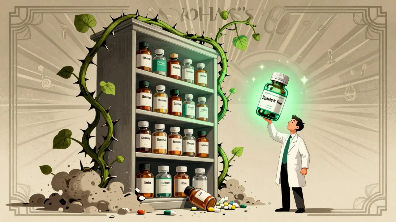 Scaffale di farmaci in rovina avvolto da una vite di iperico, con una bottiglia sicura che brilla.