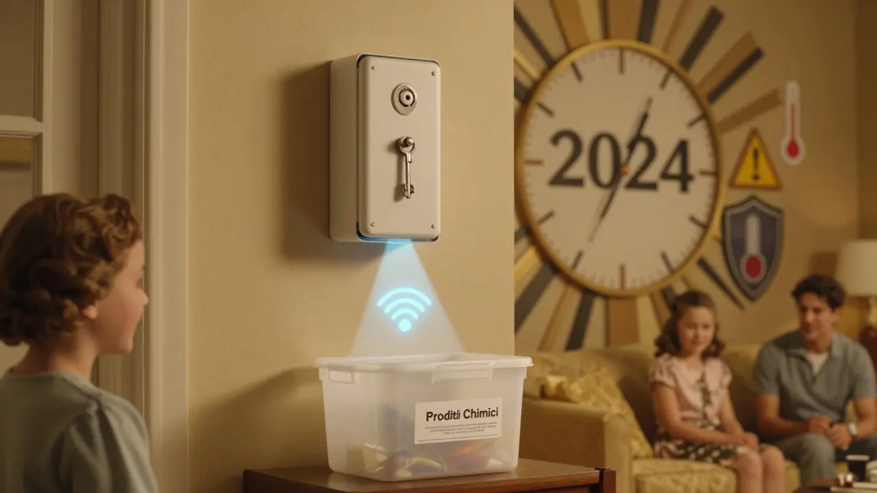 Scatola chiusa a chiave per farmaci sopra un cestino per prodotti chimici, con sensore RFID che emette luce pulsante, stile Art Deco.