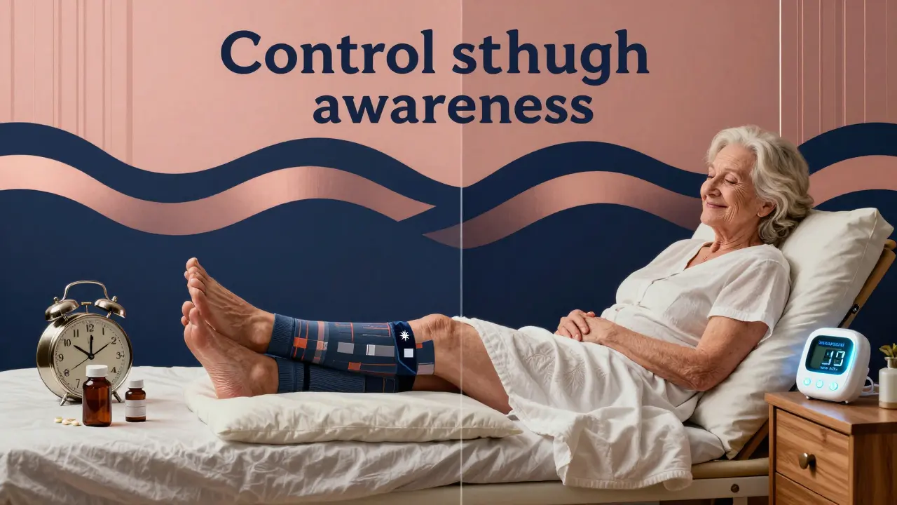 Scena a due pannelli: donna gonfia la sera e in salute la mattina con dispositivo medico in stile Art Deco.