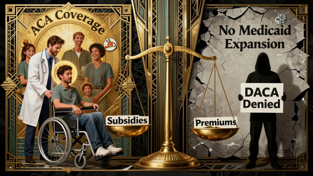 Scena divisa: cure accessibili a sinistra, esclusione sanitaria a destra, bilancia dei sussidi in centro.