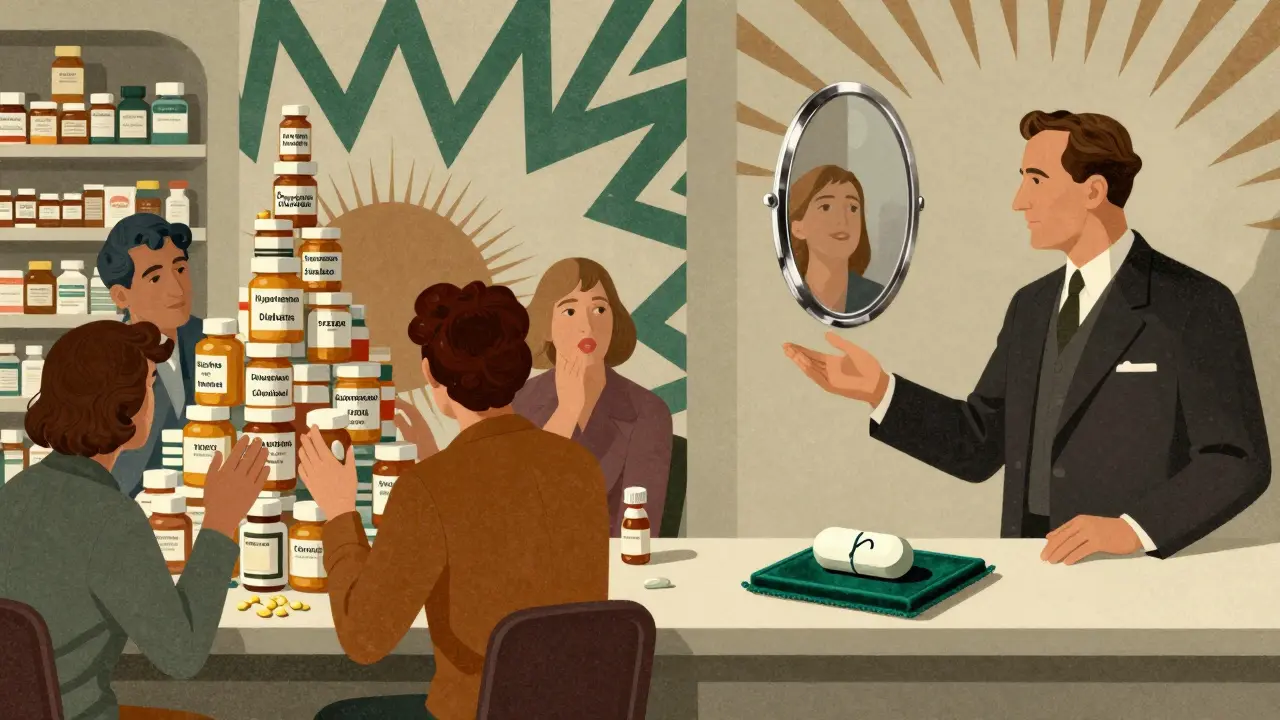 Scena divisa: farmacia caotica a sinistra, pillola elegante a destra, medico che indica la soluzione.