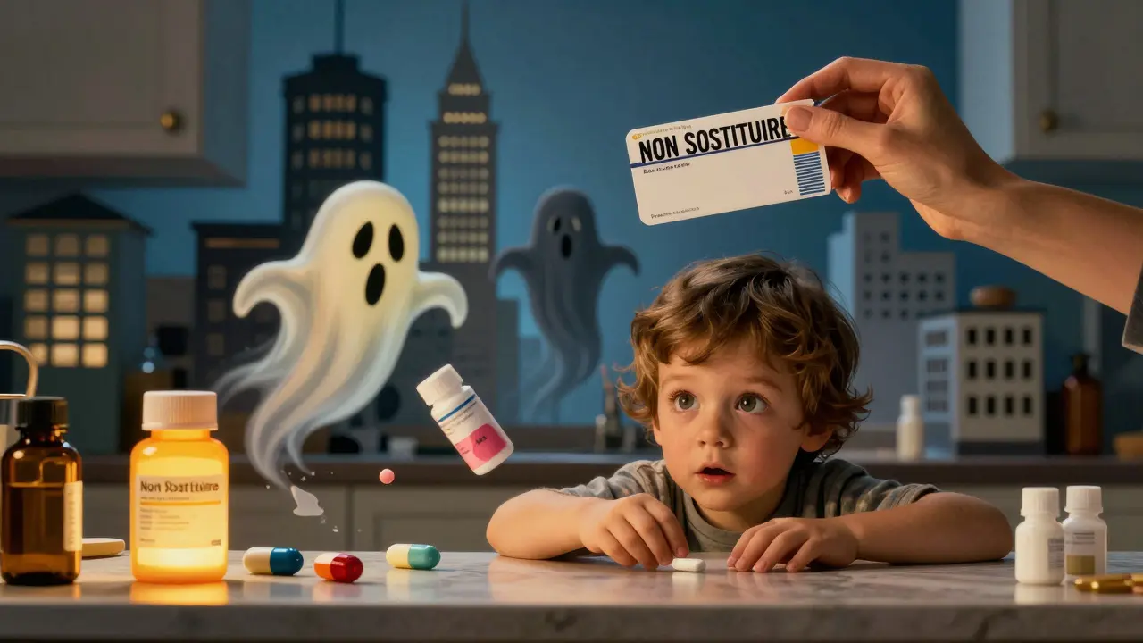 Un bambino circondato da pillole diverse mentre la madre scrive 'non sostituire' sulla prescrizione.