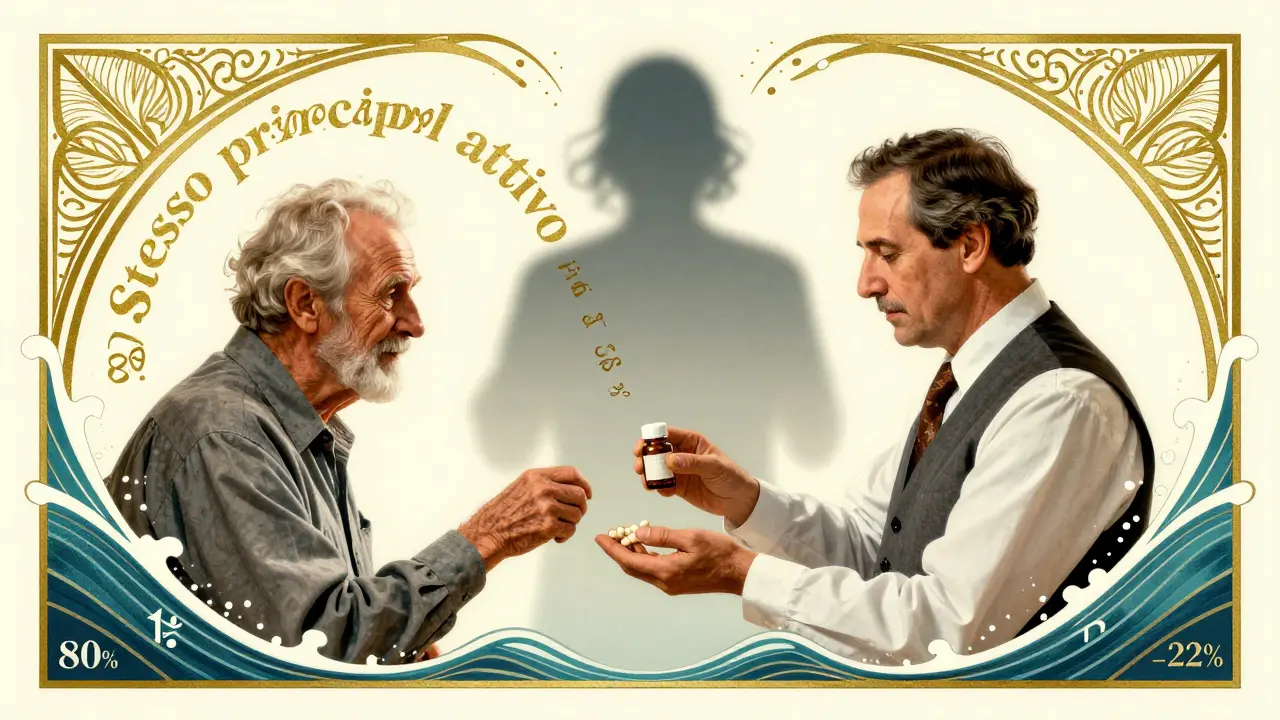 Un farmacista consegna una pillola generica a un paziente, con motivi decorativi che rappresentano l'equivalenza terapeutica.