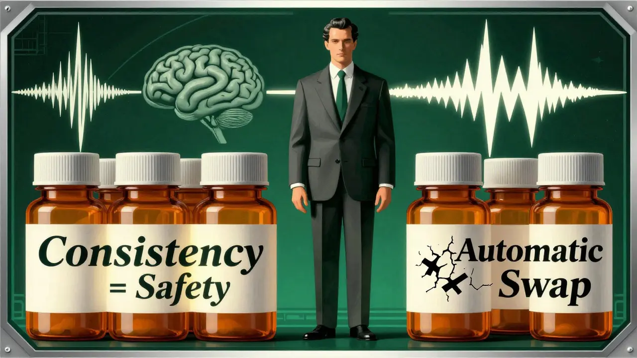 Un neurologo protegge pillole di coerenza da quelle di sostituzione automatica in un design Art Deco.