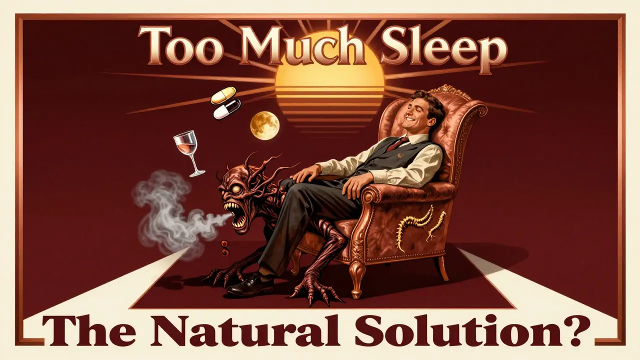 Un uomo addormentato ha un'ombra mostruosa che respira vapori grigi, con icone di alcol e pillole fluttuanti intorno a lui.