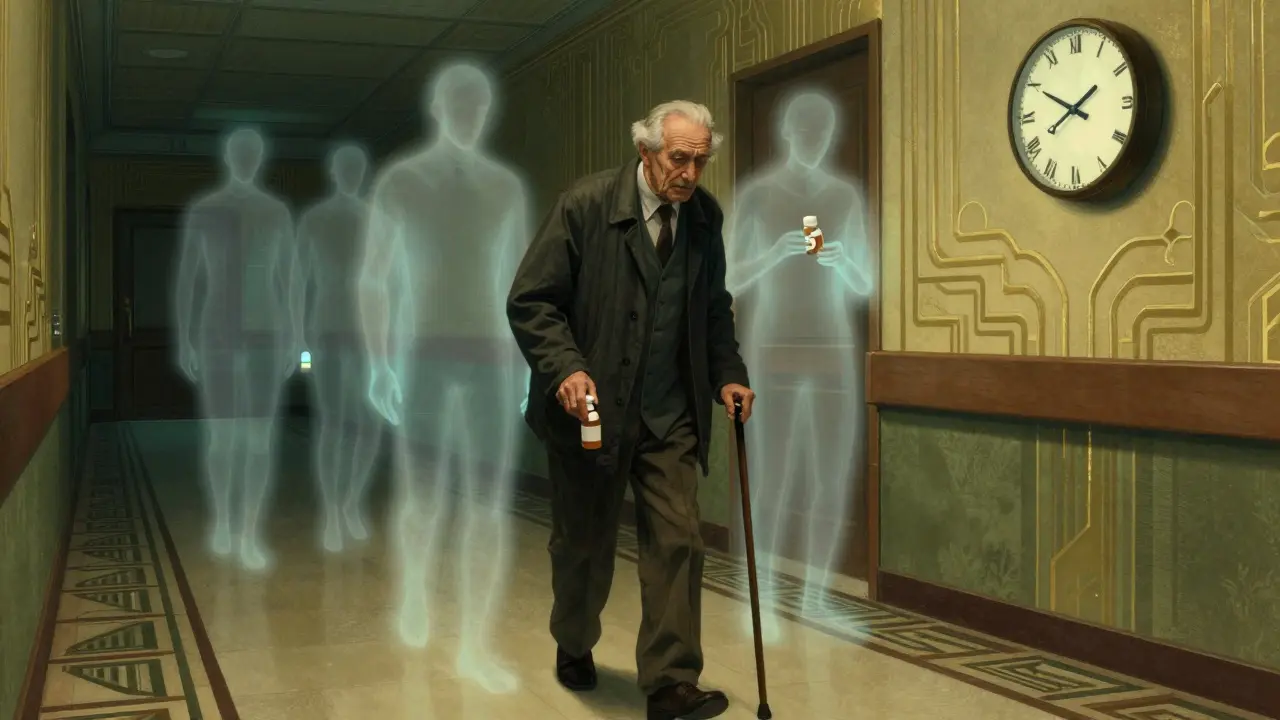 Un uomo anziano cammina in un corridoio ospedaliero tenendo valeriana e un farmaco, con figure spettrali di sedativi alle sue spalle.