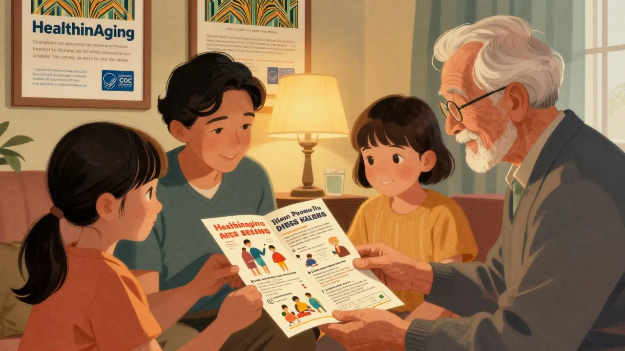 Una famiglia guarda insieme un foglio educativo con immagini e testo leggibile, in un ambiente domestico caldo.