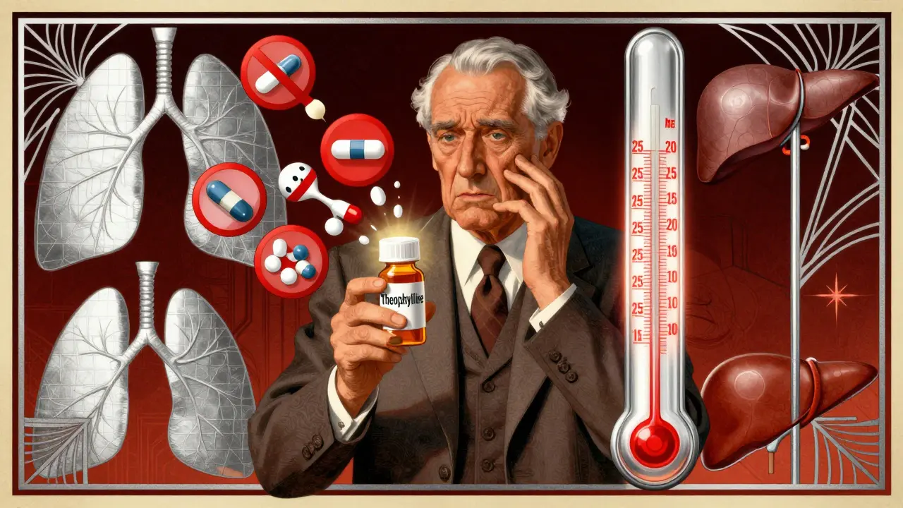 Uomo anziano con farmaci pericolosi che innalzano i livelli di teofillina nel sangue.