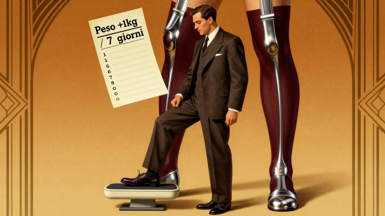 Uomo con gonfiore al piede accanto a una bilancia e calze di compressione in stile Art Deco.