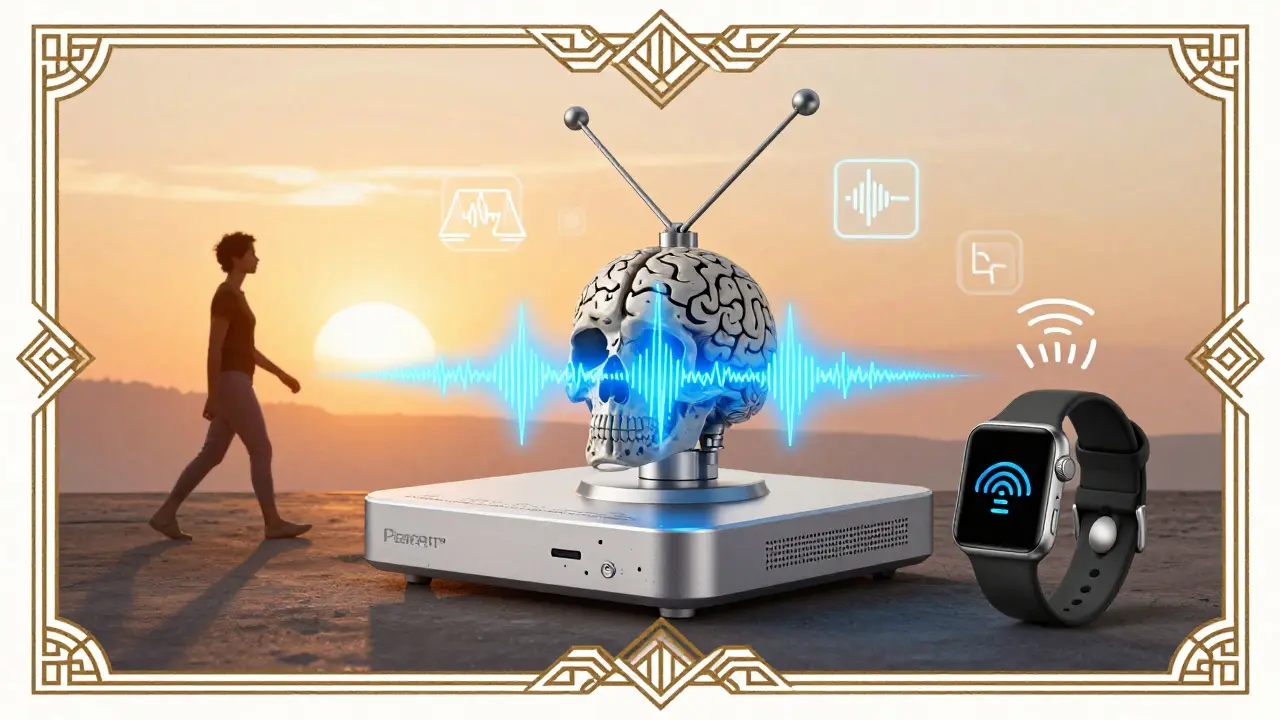 Dispositivo DBS che regola la stimolazione cerebrale con onde radio in stile Art Deco, uomo che cammina libero.