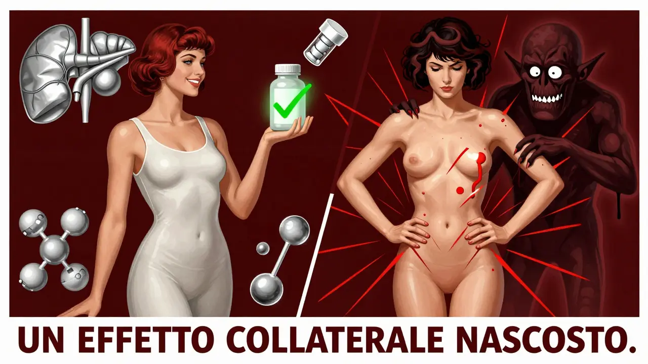Due donne contrapposte: una sana, l’altra con articolazioni distrutte da farmaci in stile Art Deco.