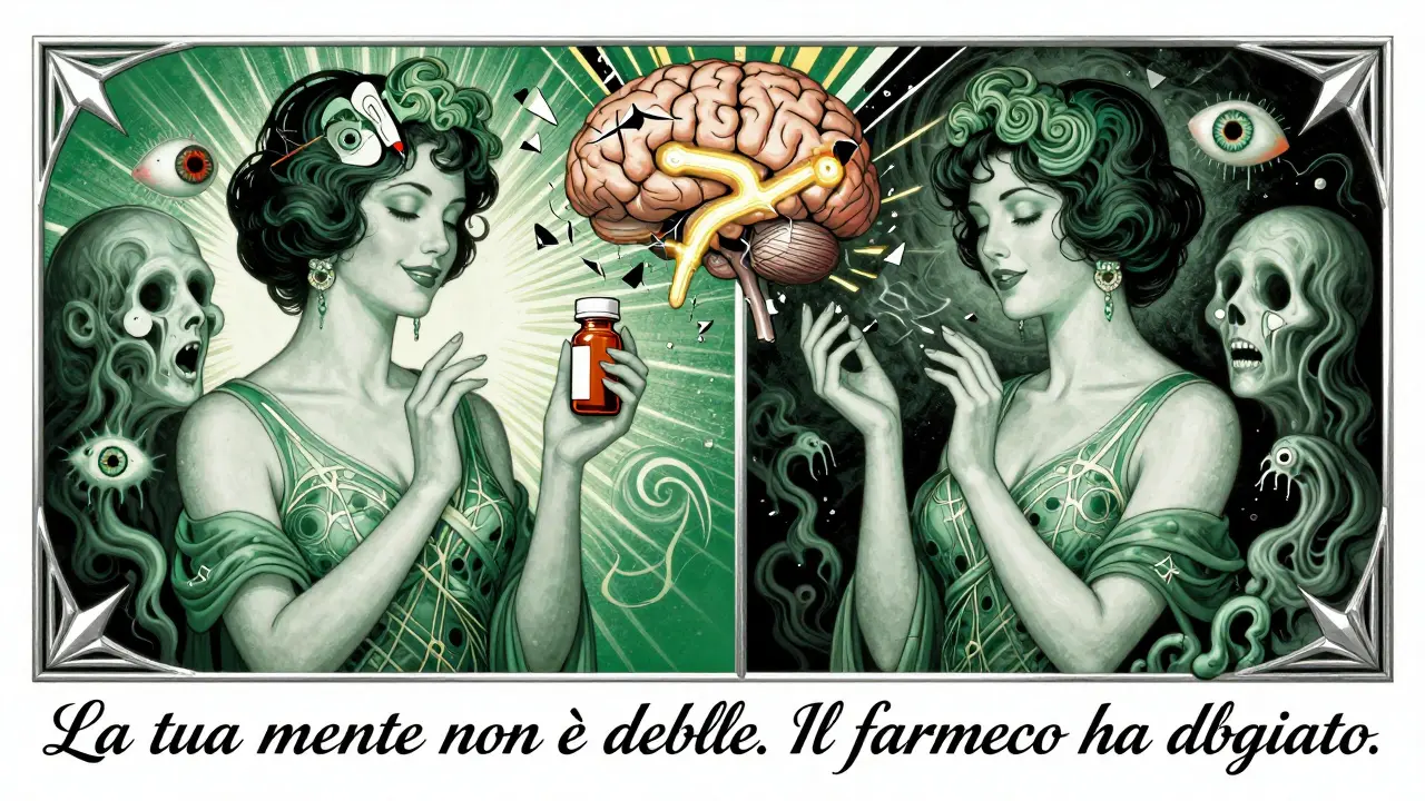 Due donne identiche: una serena, l'altra circondata da allucinazioni geometriche e distorte.