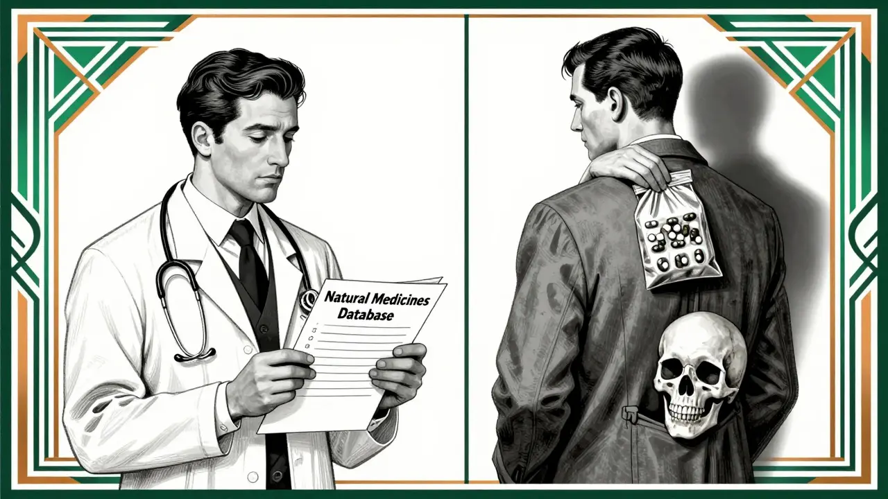 Due pazienti: uno sincero con il medico, l'altro nasconde integratori, in stile pubblicità Art Deco.