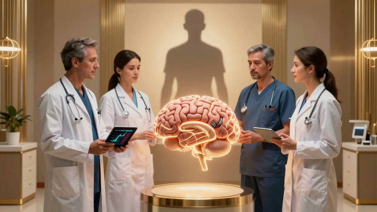 Equipe medica che valuta un modello cerebrale luminoso in uno studio moderno in stile Art Deco.