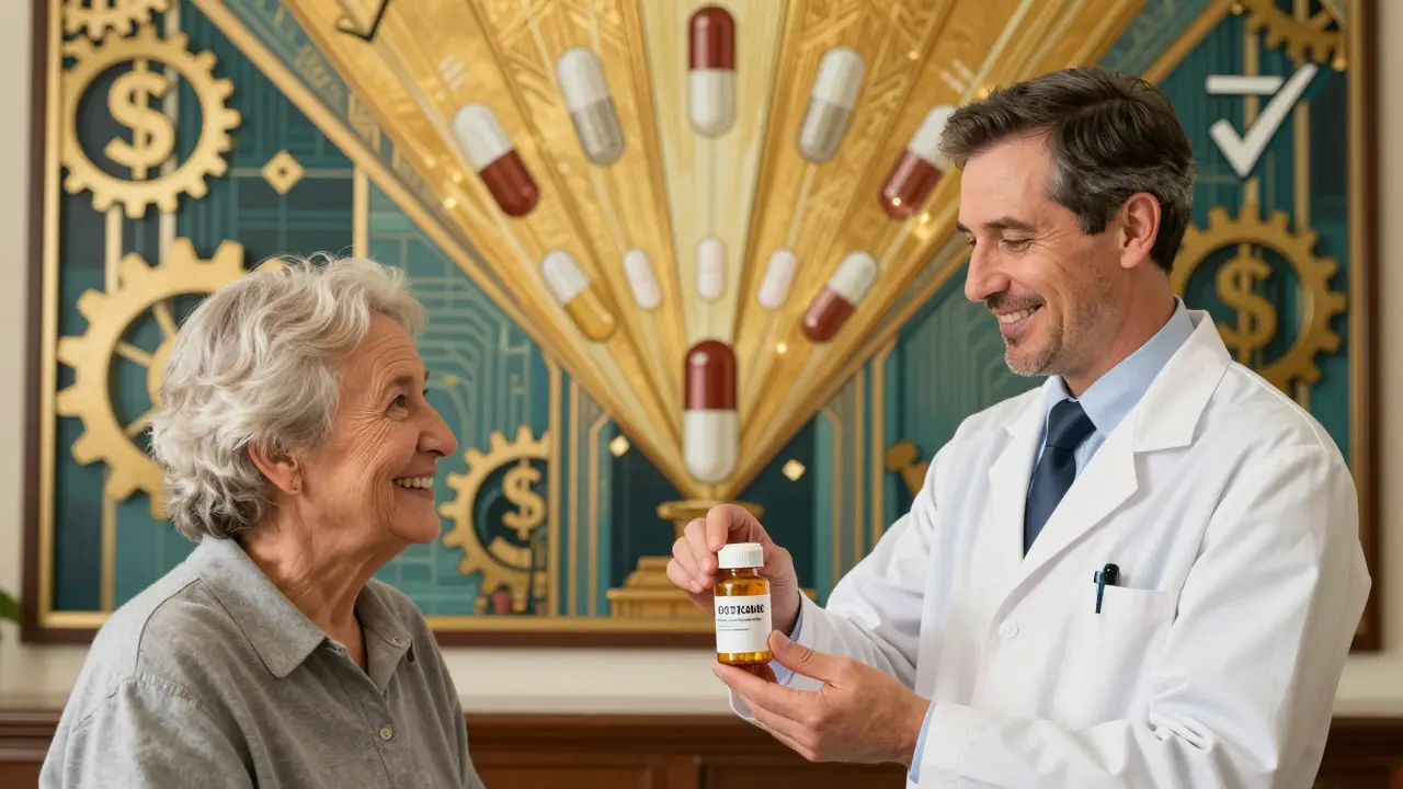 Farmacista che consegna una pillola senza marchio a un paziente, sfondo con affresco Art Deco di pillole e risparmi.