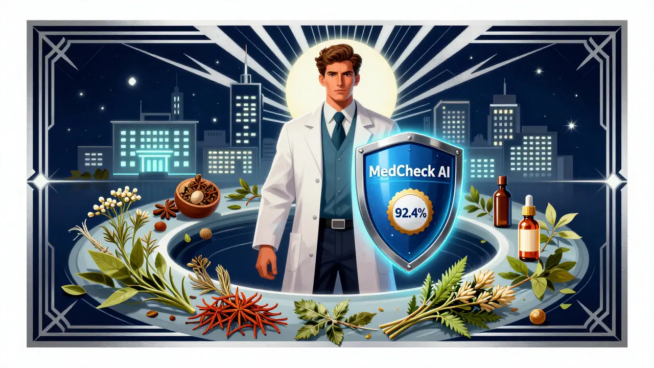 Farmacista che protegge un paziente da erbe pericolose con uno scudo AI, in stile Art Deco.