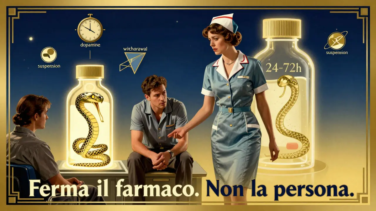 Infermiera in stile Art Deco guida un paziente lontano da un simbolo di farmaco minaccioso.