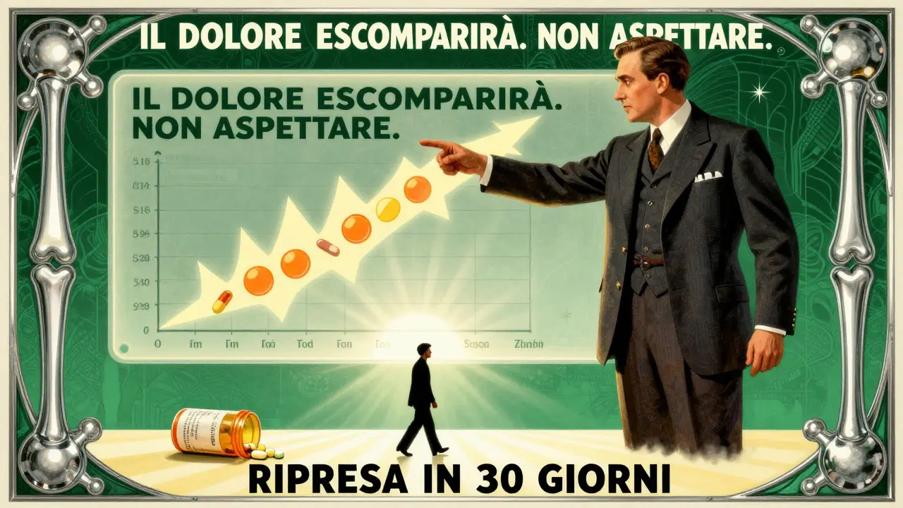 Medico che indica un grafico del dolore articolare con paziente che riprende mobilità in stile Art Deco.