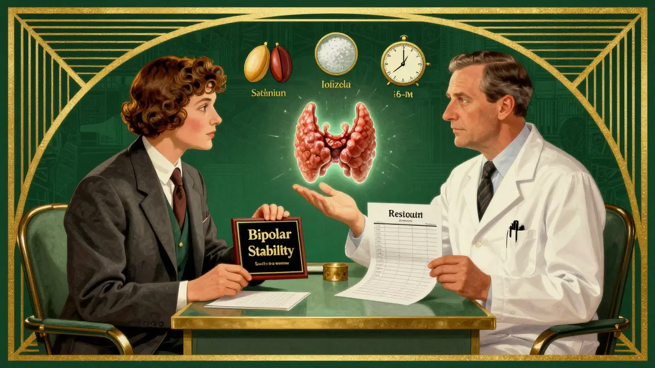 Paziente con psichiatra ed endocrinologo, tiroide luminosa tra loro, simboli di selenio e controlli ogni 6 mesi.