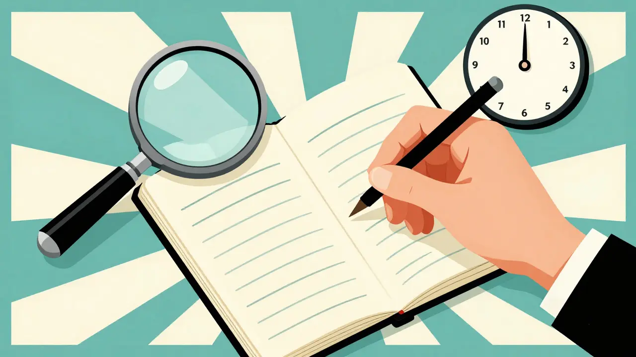 Persona che scrive in diario con orologio e lente, stile Art Deco. Motivi geometrici turchese-crema.