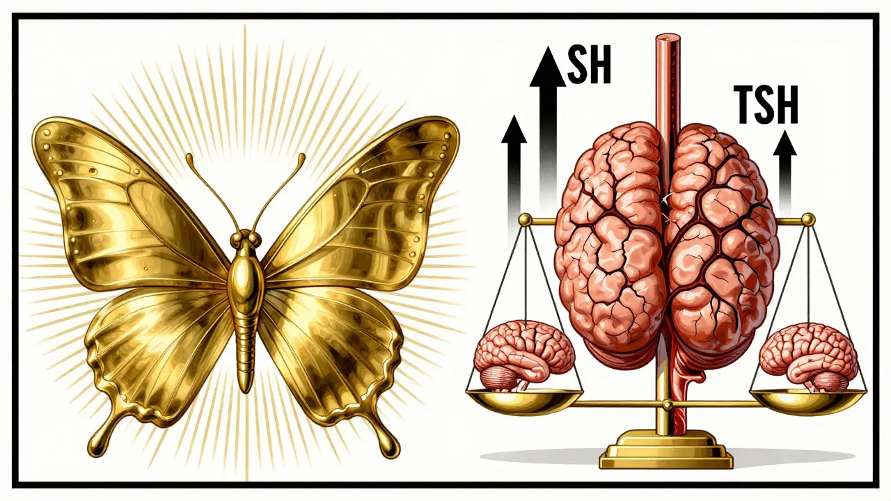 Poster medico a due pannelli: tiroide sana vs. danneggiata da litio, frecce TSH e bilancia tra mente e endocrino.