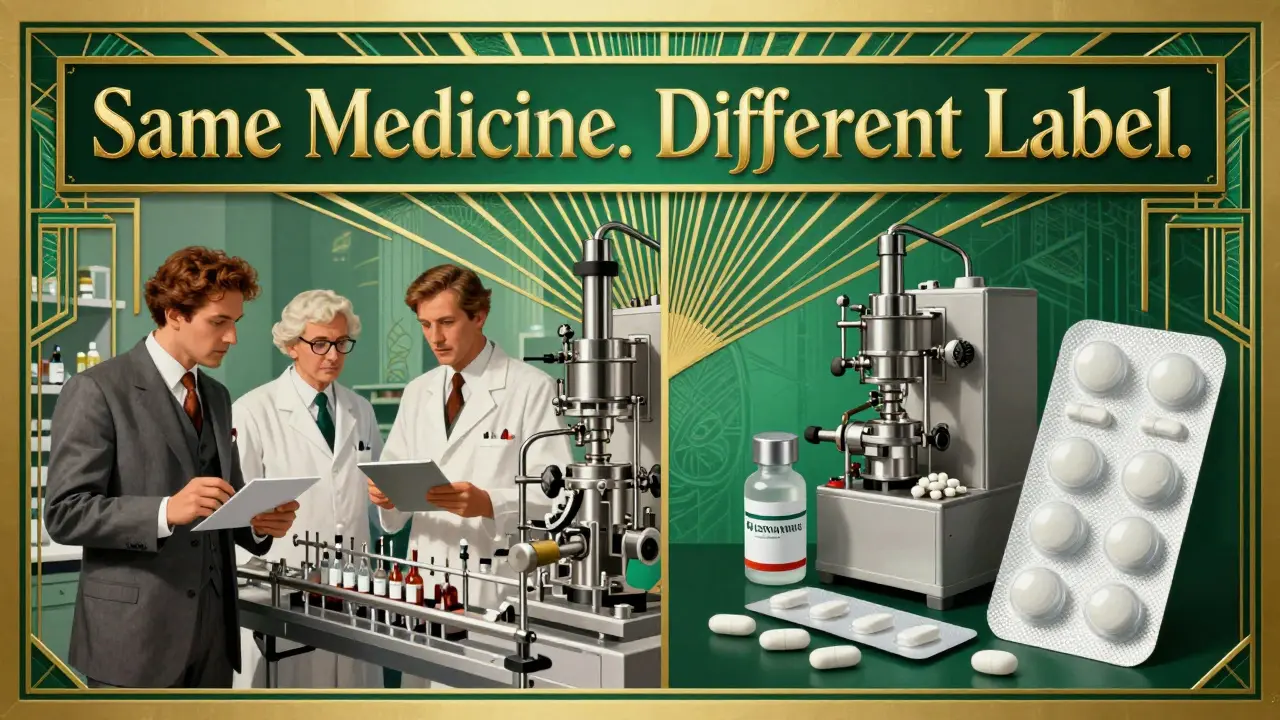 Scena divisa: produzione farmaceutica identica in due versioni, branded e non branded, con motivi geometrici Art Deco.