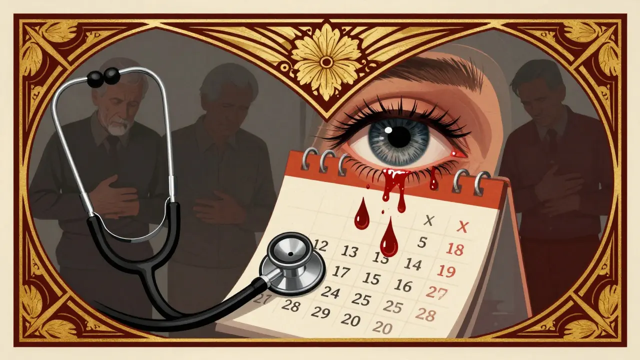 Stetoscopio che diventa un occhio che piange sangue, calendario con giorni segnati, stile Art Deco.