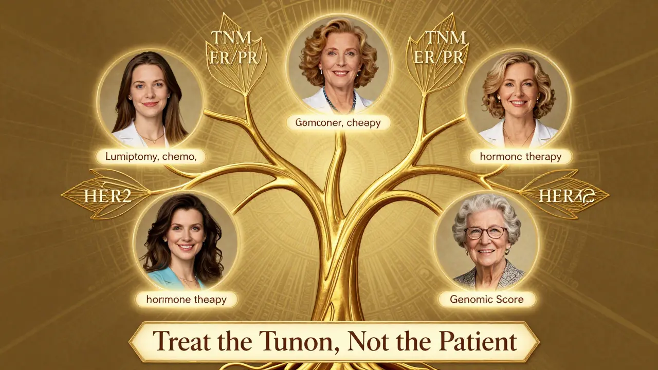 Un albero algoritmico dorato con quattro rami che rappresentano i fattori del trattamento personalizzato del cancro al seno.