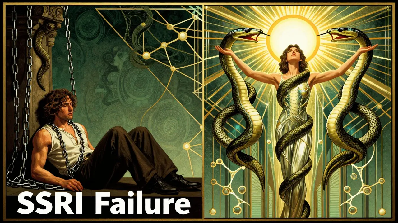 Un confronto tra una figura oppressa da catene e la stessa persona rinnovata da due serpenti luminosi che rappresentano neurotrasmettitori.