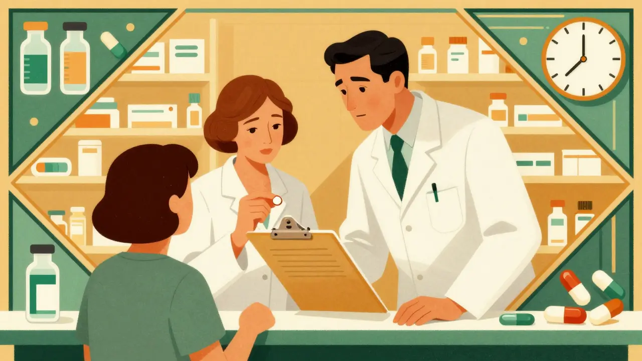 Un farmacista e un tecnico collaborano in una farmacia Art Deco, controllando farmaci ad alto rischio con attenzione e professionalità.