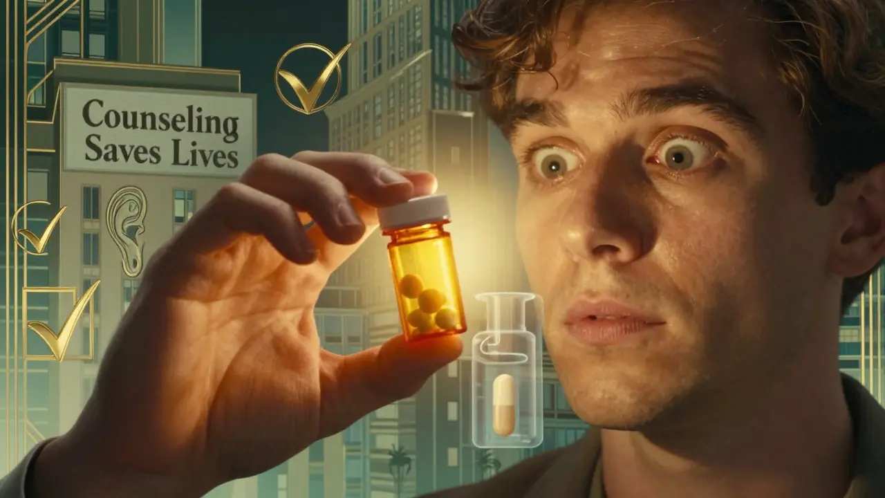 Un paziente riconosce una differenza nella compressa, circondato da simboli stilizzati che rappresentano la rilevazione degli errori e la cura.