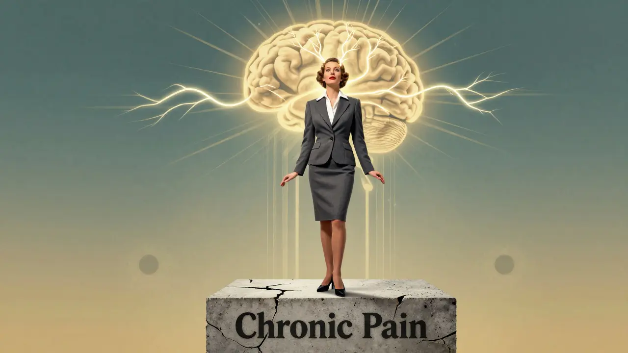 Una donna in abito anni '30 con vie neurali luminose che fluiscono dal cervello, mentre supera il dolore cronico.