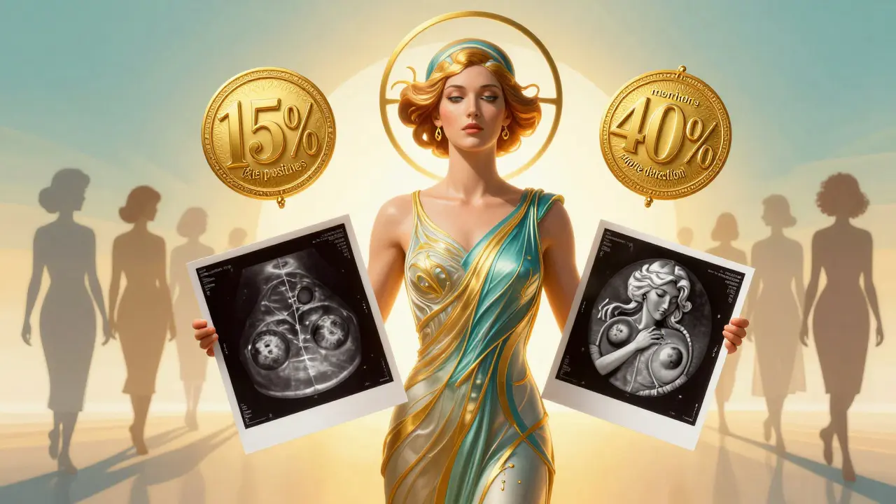 Una figura femminile che mostra le differenze tra mammografia 2D e 3D, con numeri e icone che rappresentano l'accuratezza.