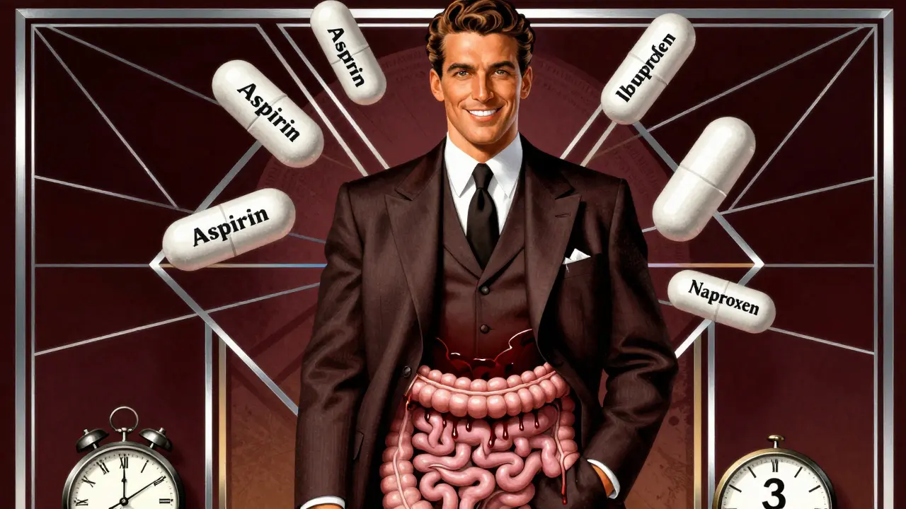 Uomo sorridente con pillole, corpo interno sanguinante, stile pubblicità anni '30.