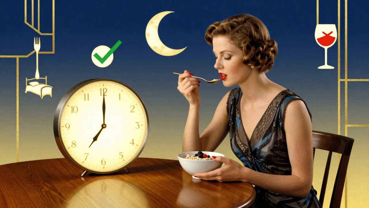 Donna che mangia avena al mattino, con simboli di sonno e alimentazione sana in stile Art Deco.