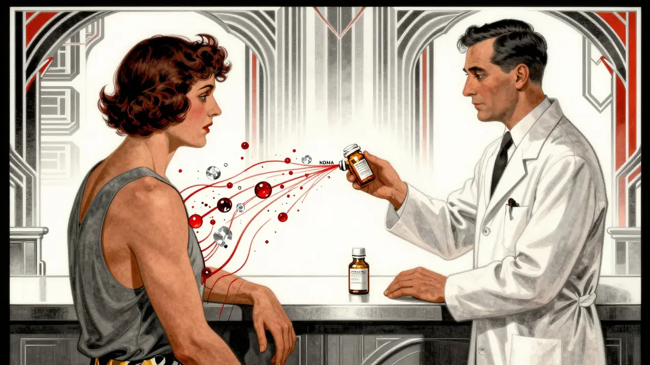 Farmacista che consegna un farmaco generico, mentre particelle invisibili di eccipienti nocivi entrano nel flusso sanguigno del paziente.