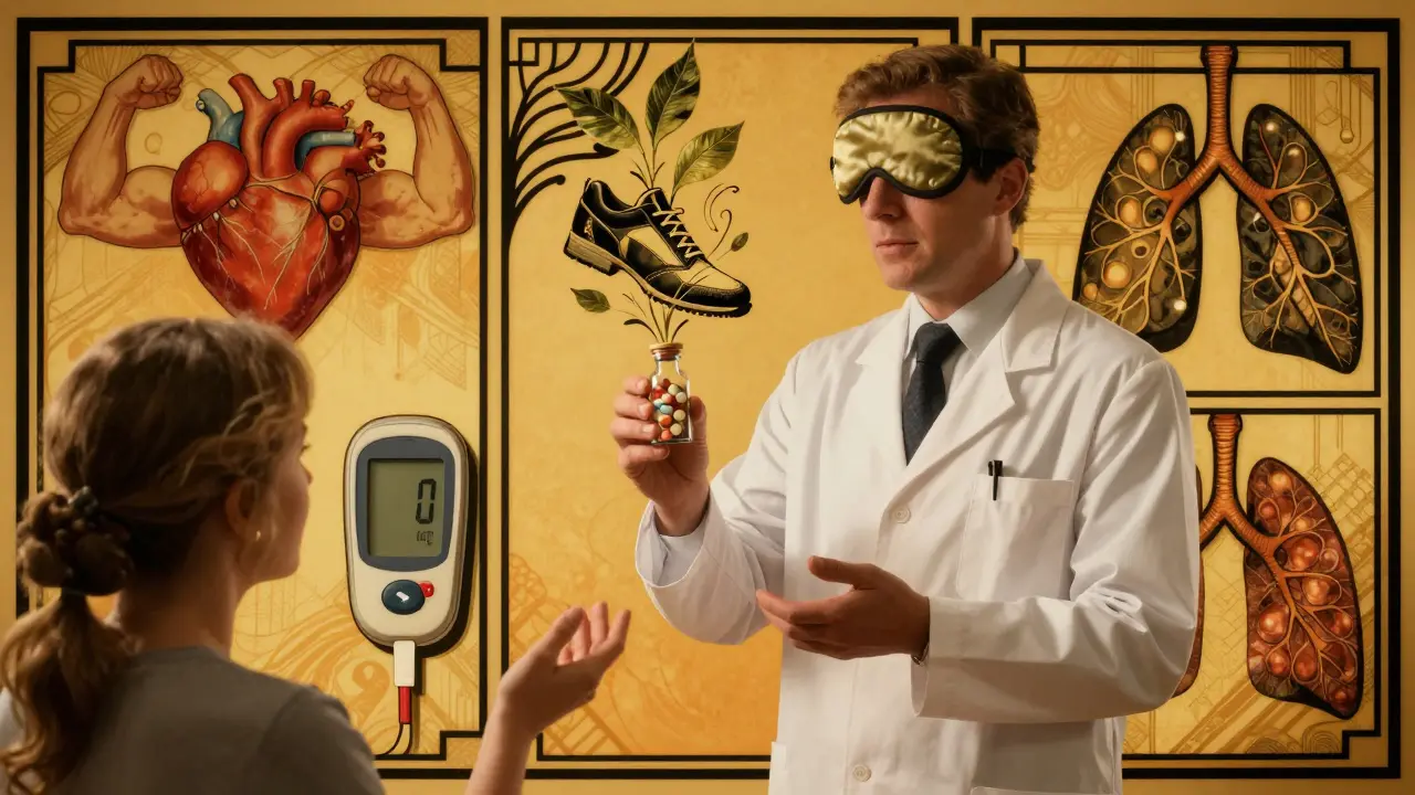 Farmacista che consegna un vial con simboli di stile di vita, in stile pubblicitario anni '20.