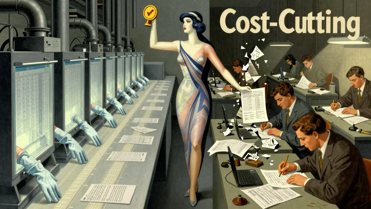 Illustrazione Art Deco: due lati di una fabbrica, uno ordinato e sicuro, l'altro caotico con dati falsificati, separati da una figura simbolica della qualità.