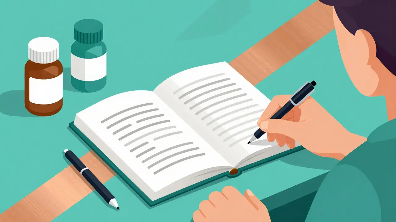 Paziente che organizza lista farmaci su un tavolo.