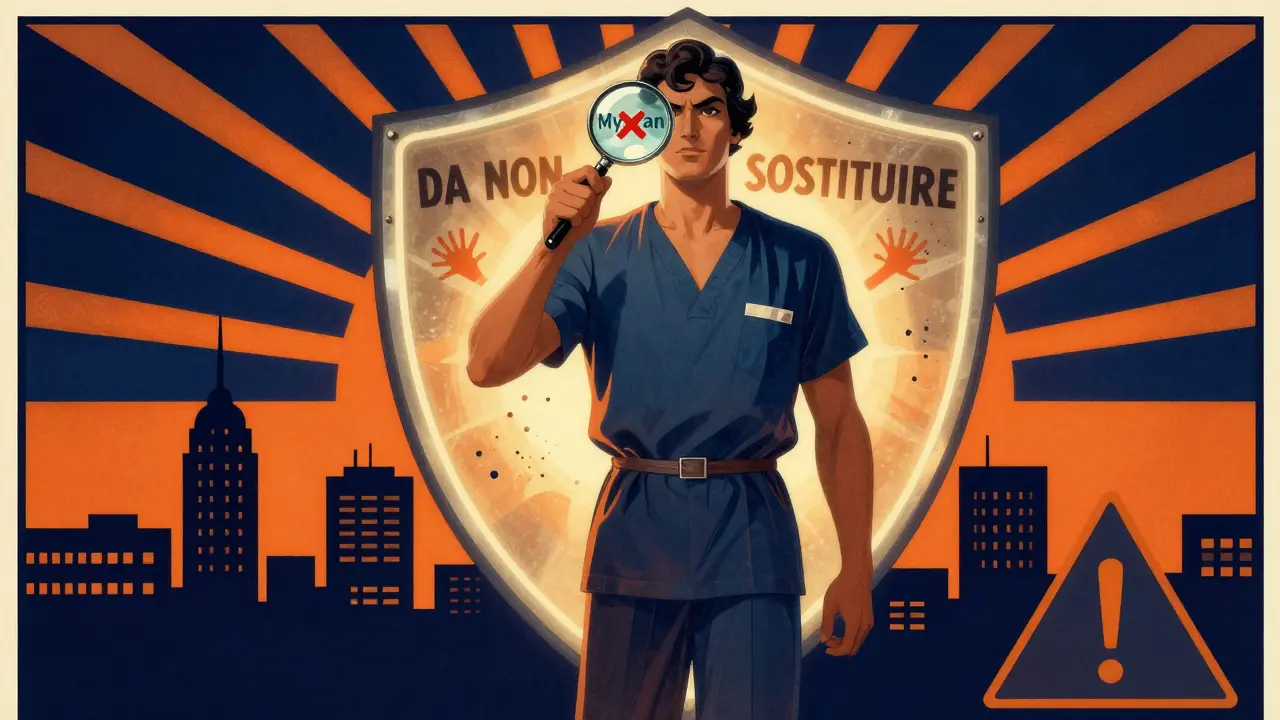 Paziente eroico che blocca farmaci generici pericolosi con uno scudo che dice 'DA NON SOSTITUIRE', in stile pubblicitario anni '20.