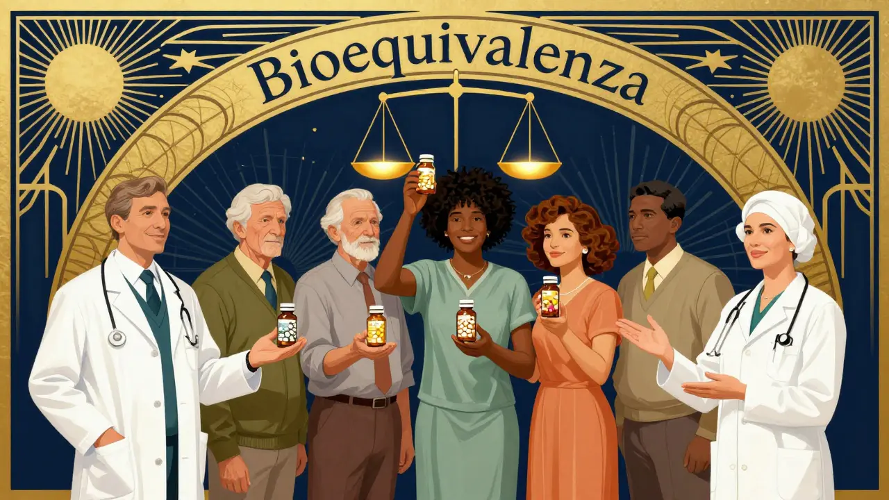 Pazienti diversi sotto un arco con 'Bioequivalenza', bilance dorate equilibrate sopra di loro, medici in primo piano.